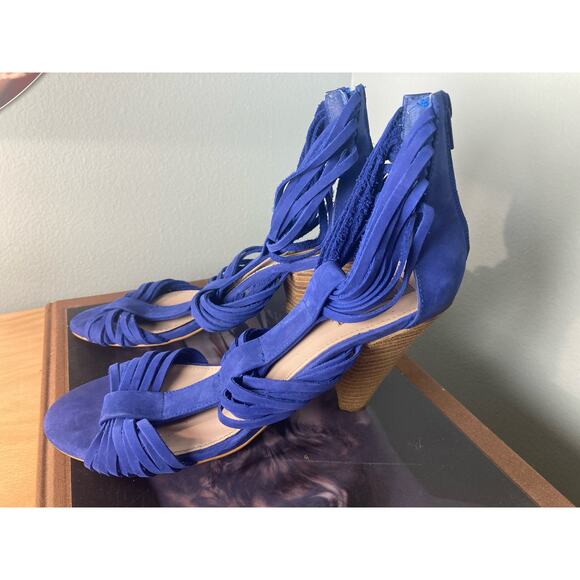 Zara Electric Blue Suede Strappy Sandals Wood Heel ~ Sz 40 10 ~ So Fetch! - Picture 4 of 7